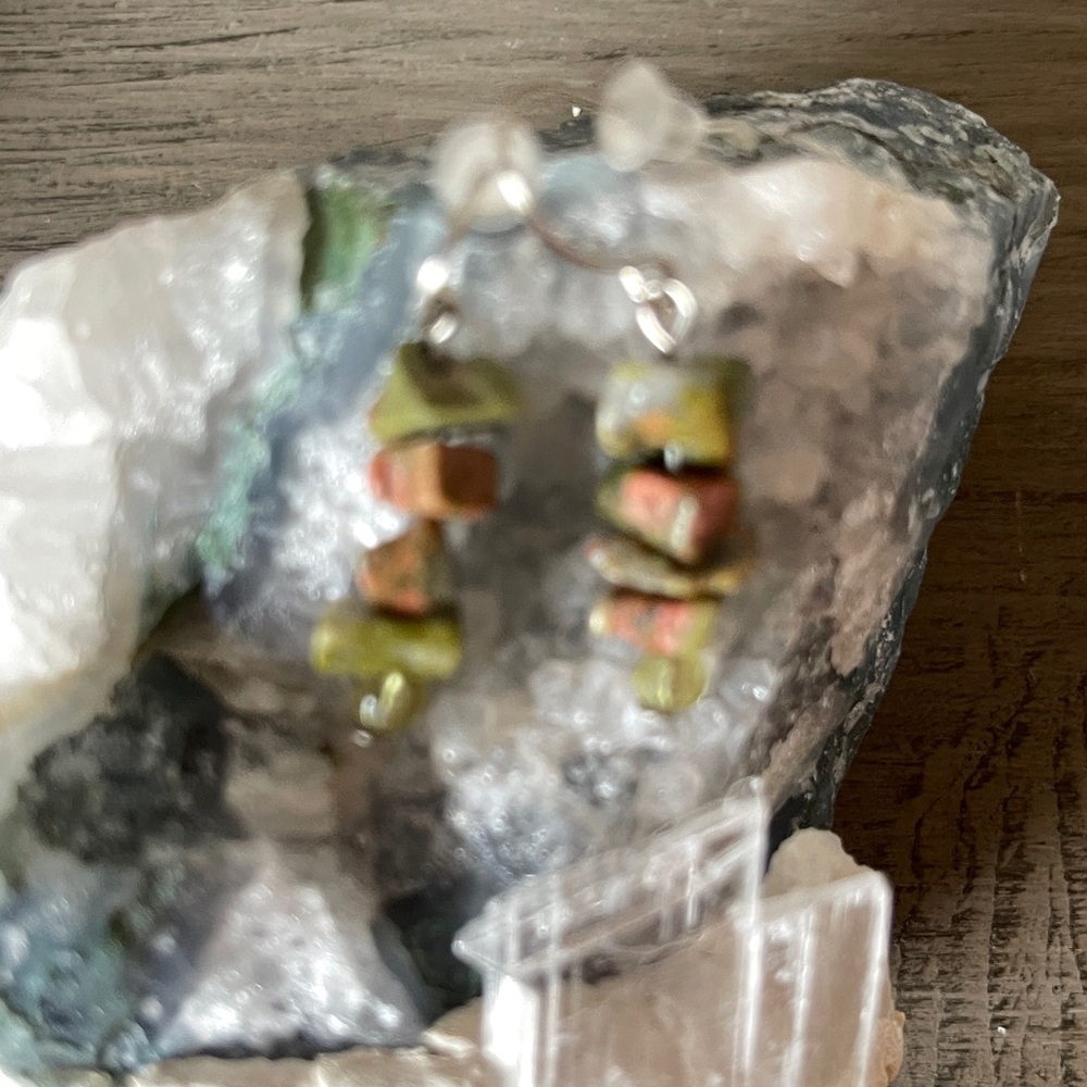 Gemstone in greens earrings with natural Irregular chip. “Stacked Stones” - Picture 3 of 5